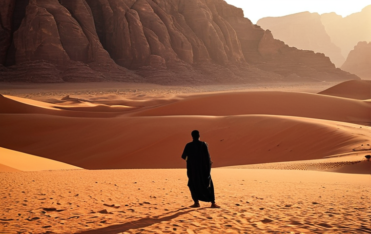 **Navigating the Desert:** A lone traveler stands silhouetted against the vast, orange sand dunes of Wadi Rum at sunset. They are consulting a Maps.me app on their smartphone, with Bedouin tents visible in the far distance. Emphasize the contrast between the modern technology and the ancient, rugged landscape.