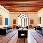 **Prompt 1:** A spacious, sun-drenched art gallery in Amman, housed within a beautifully restored old villa. Modern and contemporary artworks, including sculptures made from recycled materials and vibrant paintings blending abstract forms with subtle Arabic calligraphy, are thoughtfully displayed. Visitors casually browse or relax in a cozy, integrated cafe area, sipping Arabic coffee. The scene captures a peaceful yet dynamic atmosphere where history meets modern artistic expression.