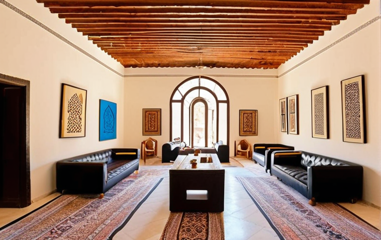 **Prompt 1:** A spacious, sun-drenched art gallery in Amman, housed within a beautifully restored old villa. Modern and contemporary artworks, including sculptures made from recycled materials and vibrant paintings blending abstract forms with subtle Arabic calligraphy, are thoughtfully displayed. Visitors casually browse or relax in a cozy, integrated cafe area, sipping Arabic coffee. The scene captures a peaceful yet dynamic atmosphere where history meets modern artistic expression.